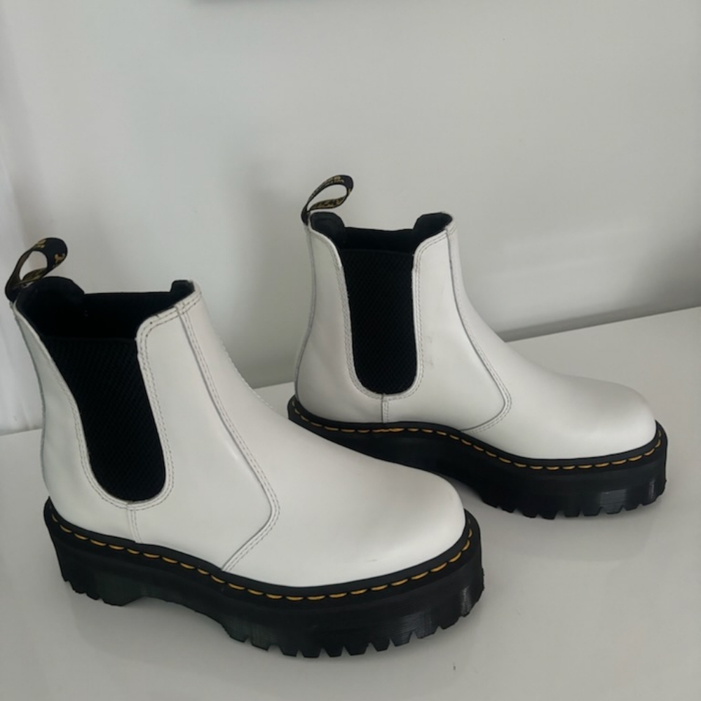Dr. Martens, Size 7, patent white with black chunky sole.